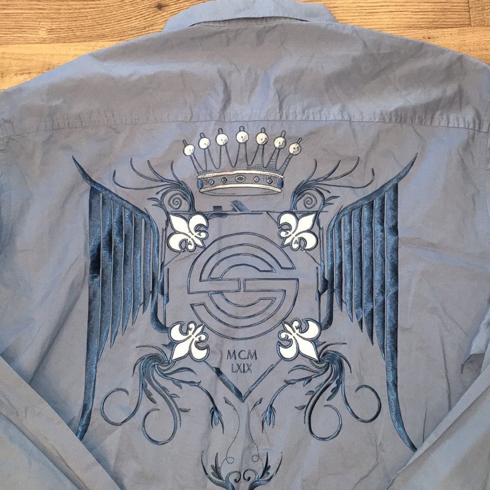 Vintage Blue sewn embroidered Sean John Crown Back LS party Shirt 3XL XXL